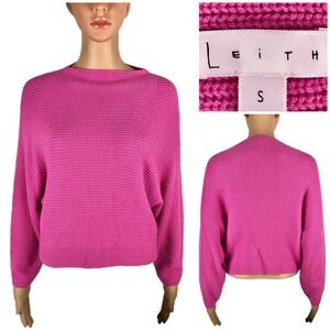 Leith Womens Small Sweater Pink Ribbed Dolman Sleeve Boat Neck Rayon Wool EUC